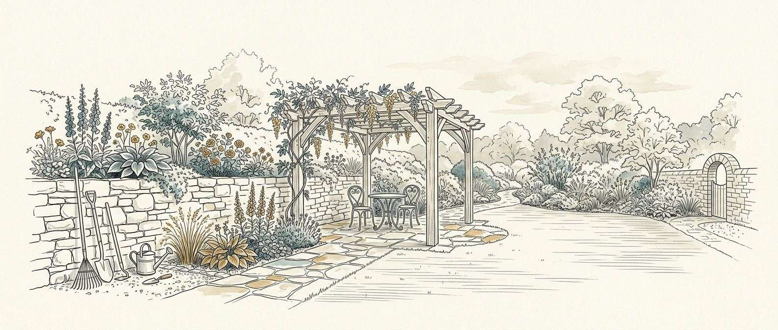 Bespoke line art of landscaped garden with stone patio and pergola
