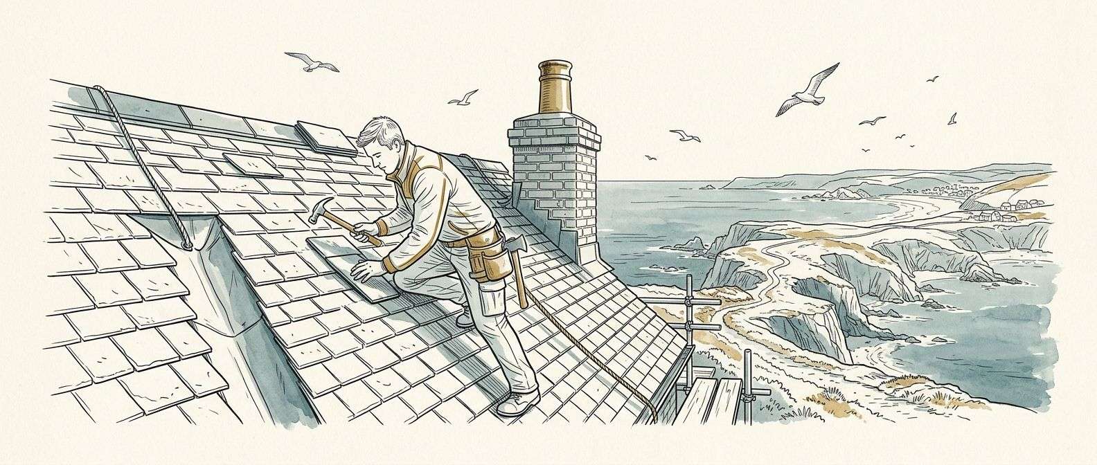 Bespoke line art of roofer working on slate roof with Cornwall coast in background