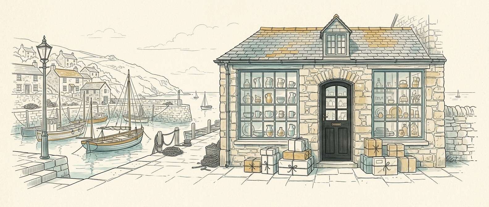 Bespoke line art of Cornish harbour cottages with shopping bag and browser overlay — representing e-commerce web design for Cornwall businesses