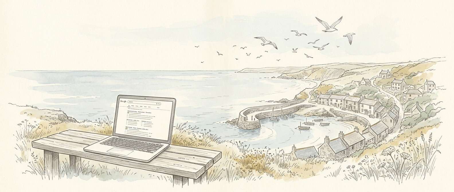 Bespoke line art of a laptop on a Cornish bench showing Google search results overlooking a harbour — representing Google Ads for local businesses