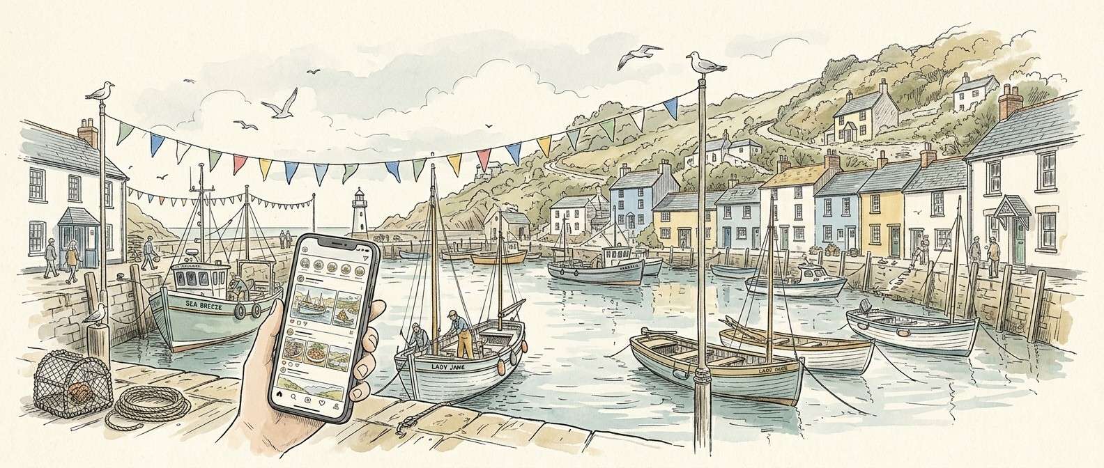 Bespoke line art of a Cornish harbour with phones displaying social content — representing local social media marketing