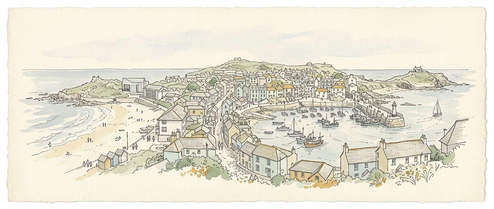 St Ives harbour panorama with boats and cottages