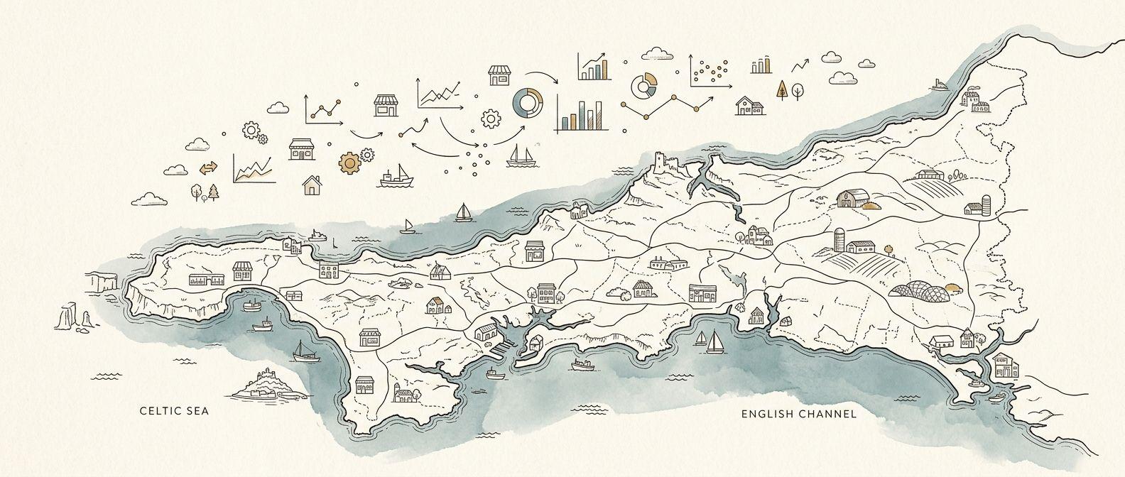 Bespoke line art of Cornwall map with business icons and data charts