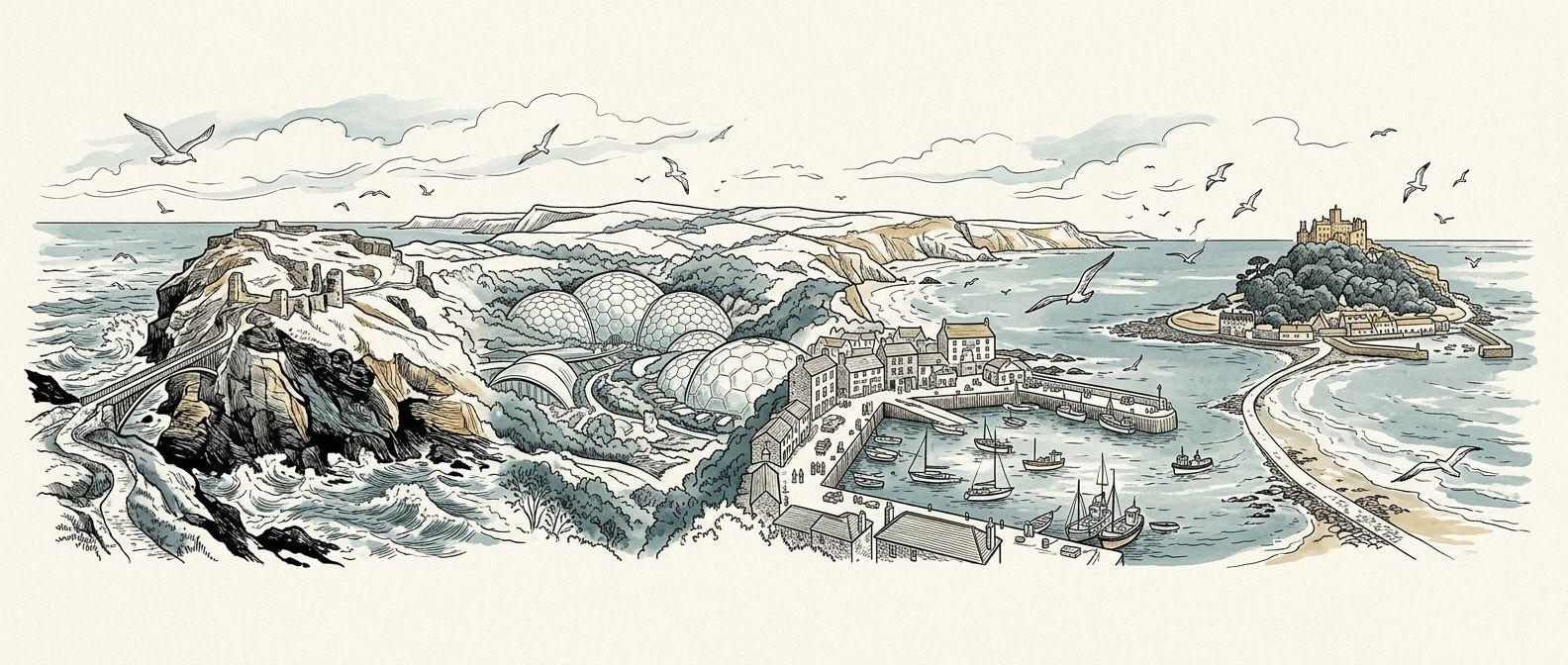 Bespoke line art of Cornwall landmarks including St Michaels Mount and Tintagel Castle