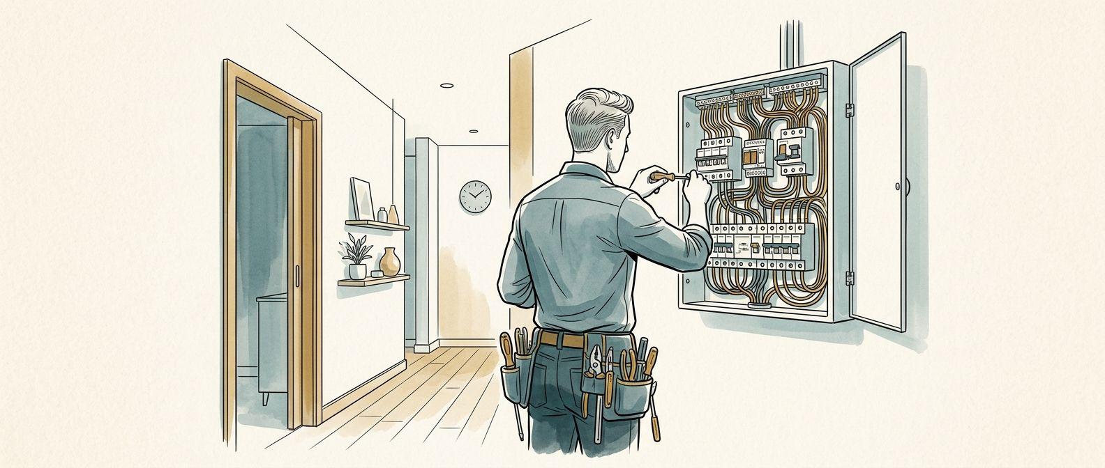 Bespoke line art of electrician working on consumer unit in modern home