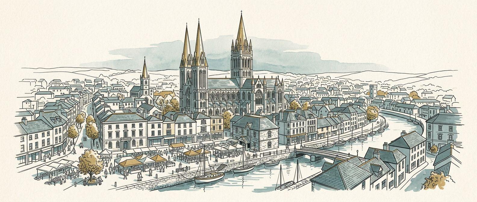 Bespoke line art of Truro Cathedral with three spires above Georgian rooftops and River Truro