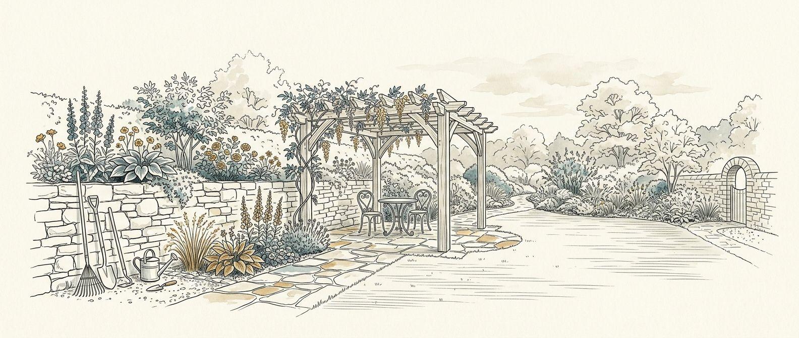 Bespoke line art of landscaped garden with stone patio and pergola