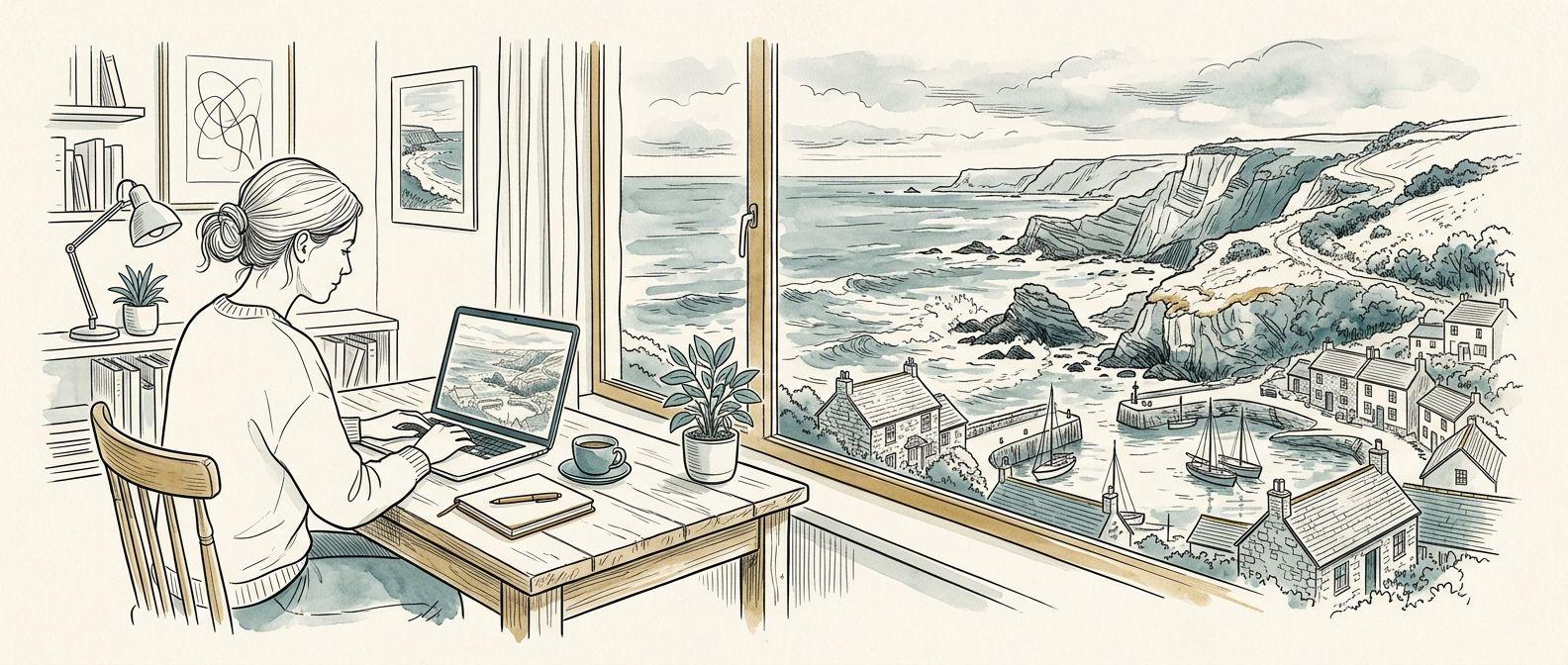 Bespoke line art of person working on laptop by window overlooking Cornwall coast