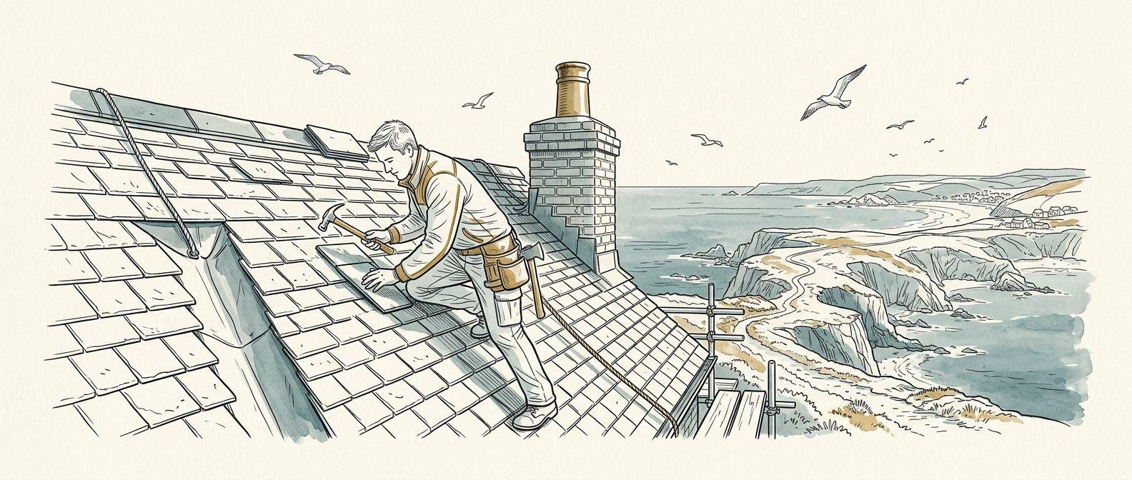 Bespoke line art of roofer working on slate roof with Cornwall coast in background