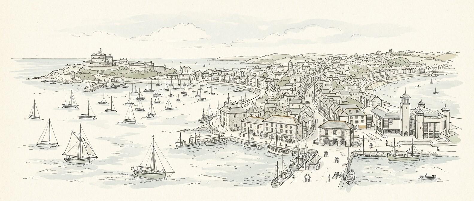 Falmouth from the river showing the harbour and town