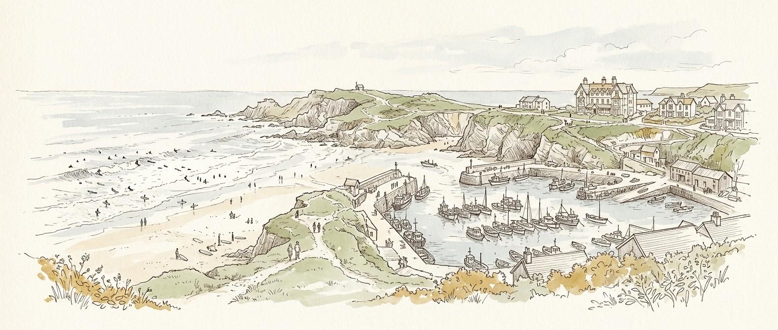 Newquay harbour with boats at low tide