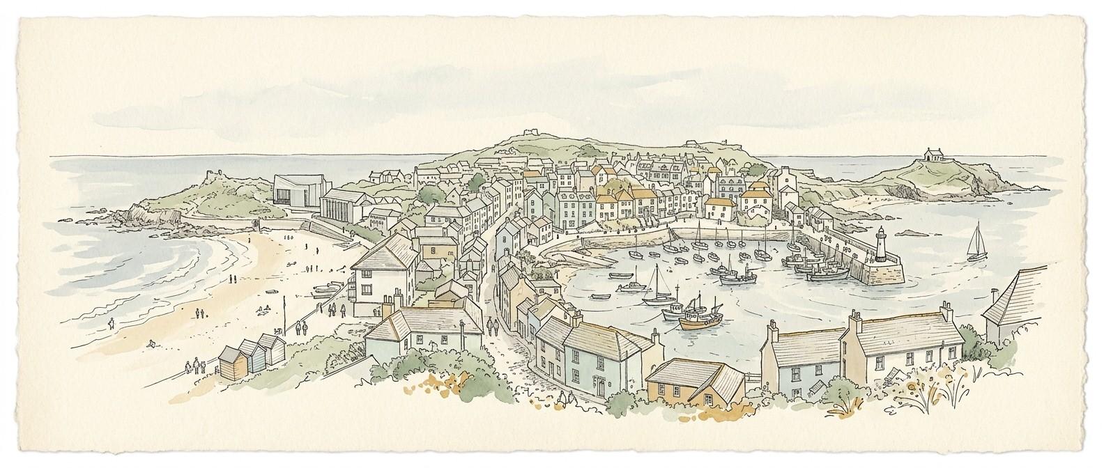 St Ives harbour panorama with boats and cottages