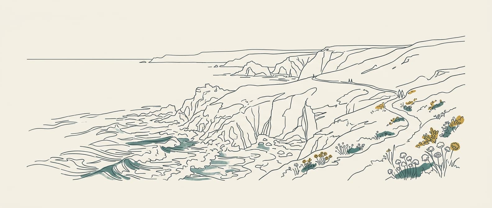 Bespoke line art of dramatic Cornwall coastline with cliffs and coastal path