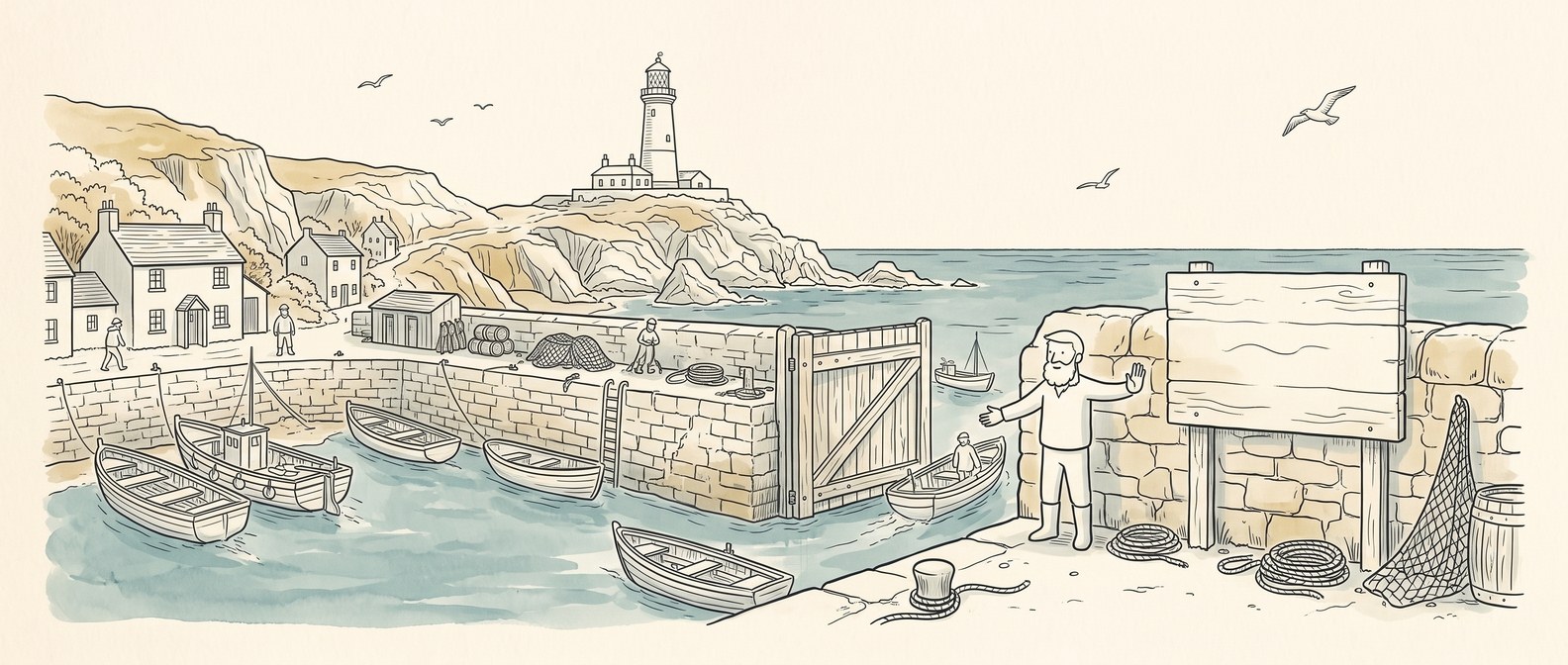 Pen and ink illustration of a harbour gate with a lantern, letting some small boats through and holding others back
