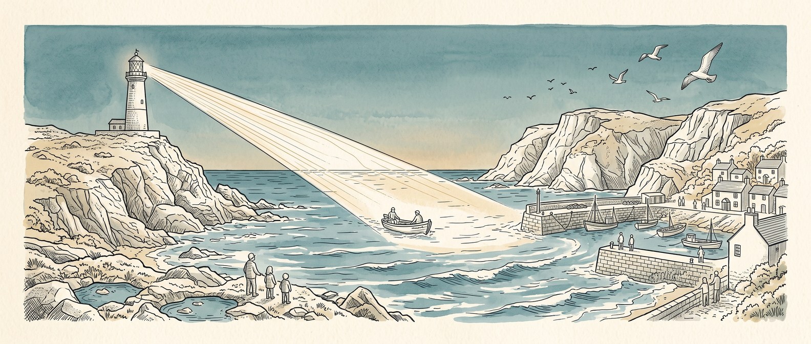 Pen and ink illustration of a lighthouse beam guiding a small rowing boat into a Cornish harbour at dusk