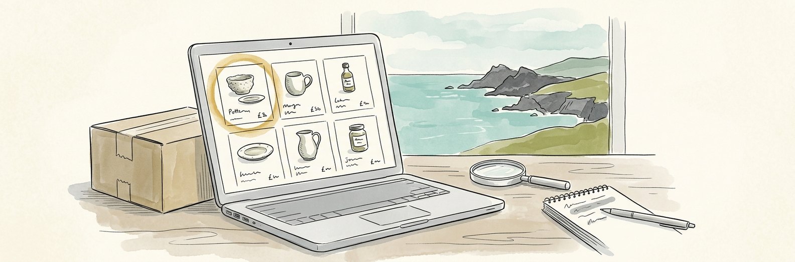 Bespoke pen-and-ink line art of a delivery box beside a product listing on a screen with a highlighted sponsored slot, representing Amazon advertising