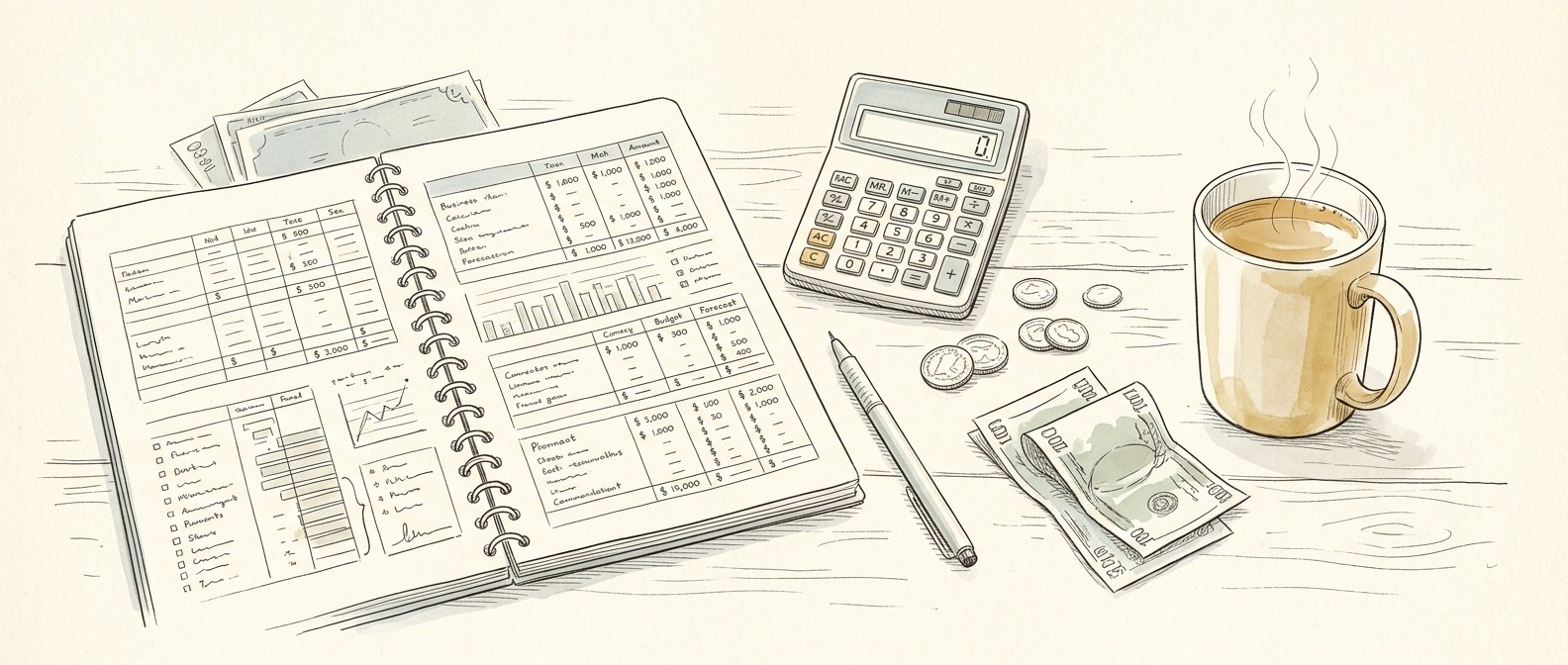 Small business owner planning marketing budget at desk
