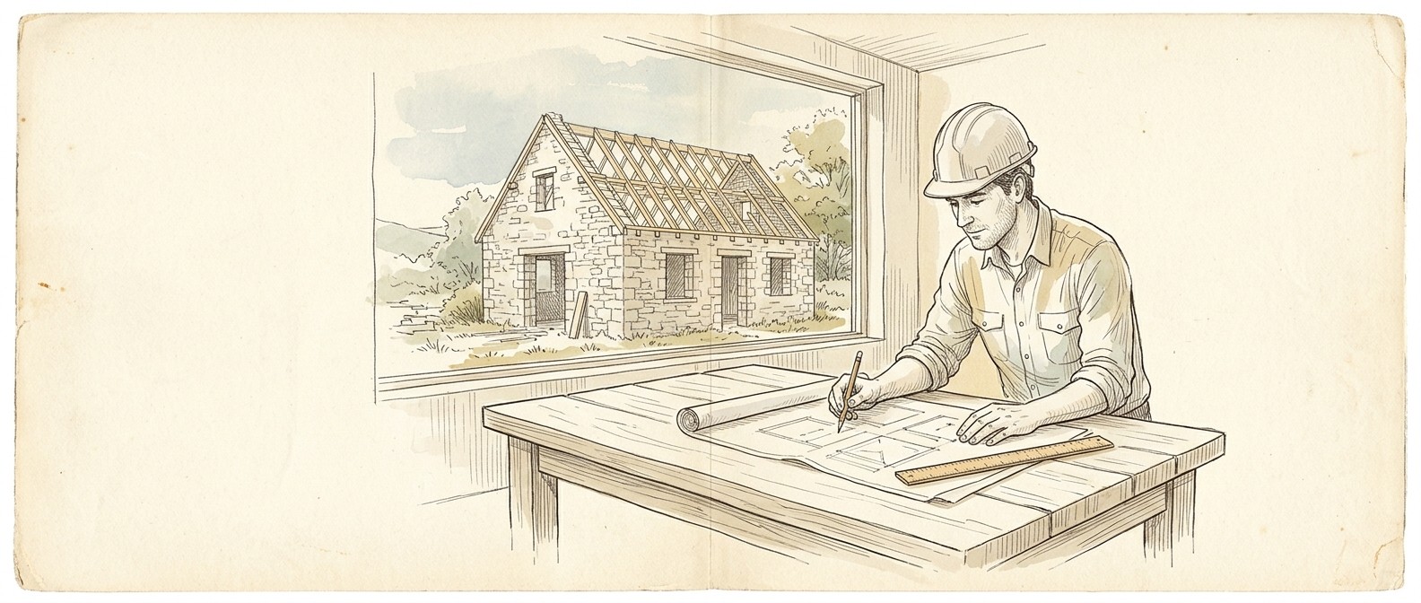 Person drafting on architectural blueprint plans