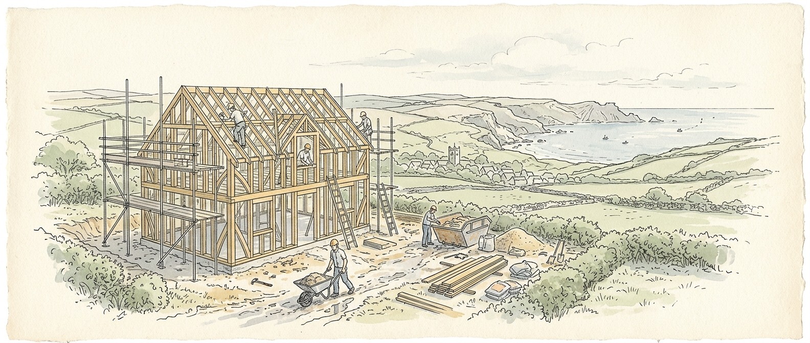 Bespoke line art of a Cornwall tradesman on a building site checking his phone for local leads
