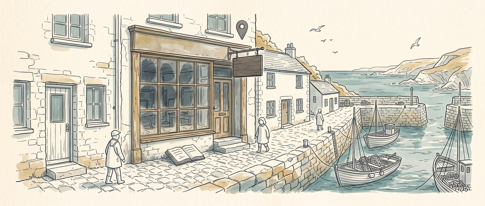 Pen and ink illustration of an empty Cornish harbour-side shopfront with a plain closed board and a faded map pin above the door