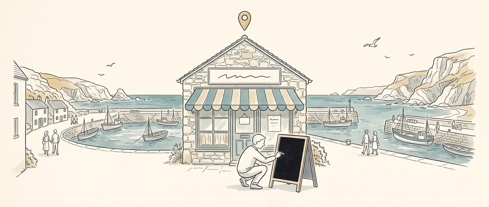 Pen and ink illustration of a shop owner at a blank chalkboard outside a Cornish harbour-side shop, with a small map pin above