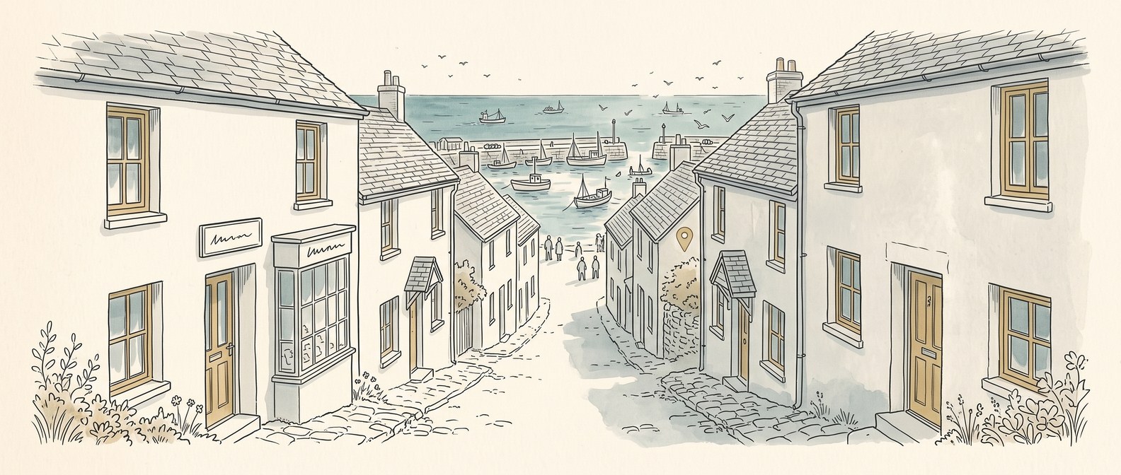 Pen and ink illustration of a quiet back lane of slate-roofed cottages leading to a busy Cornish harbour, with a faded map pin down the lane