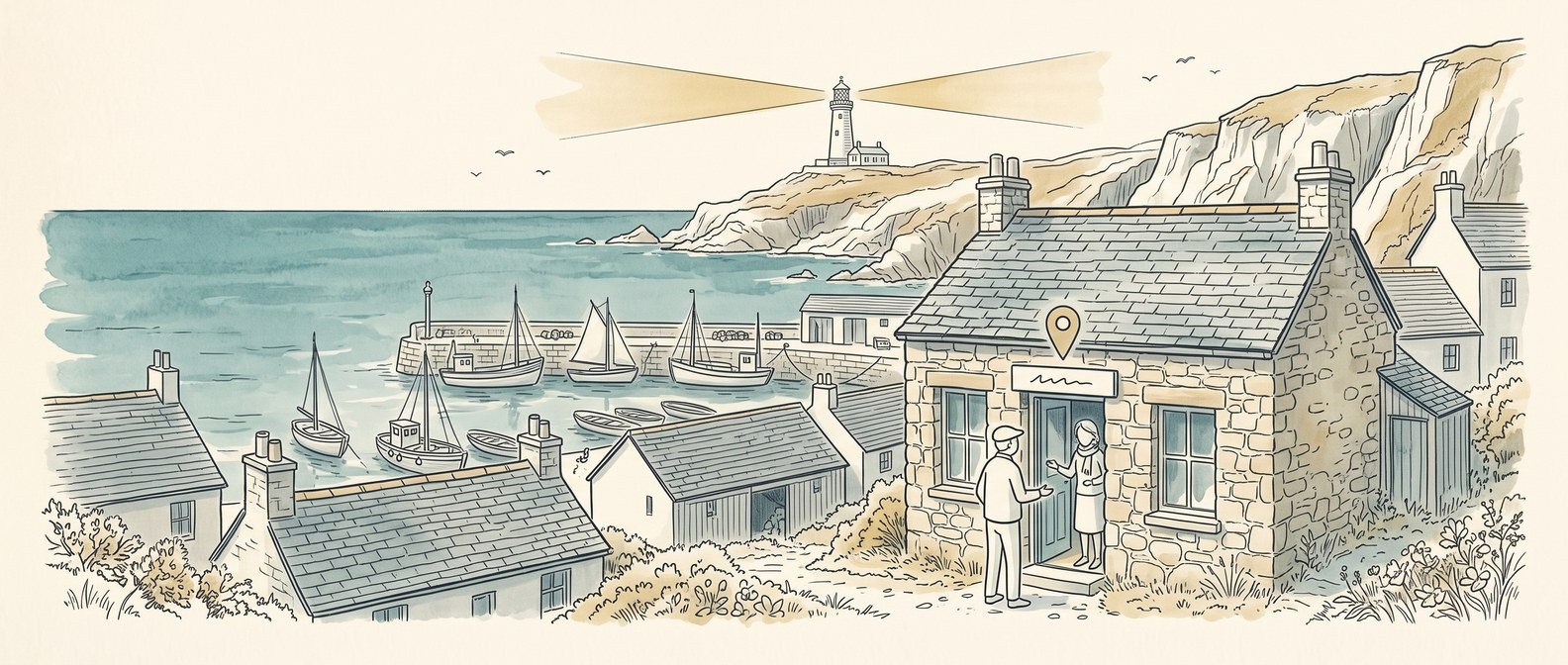 Pen and ink illustration of two people talking at the door of a harbour-side Cornish cottage office below a lighthouse