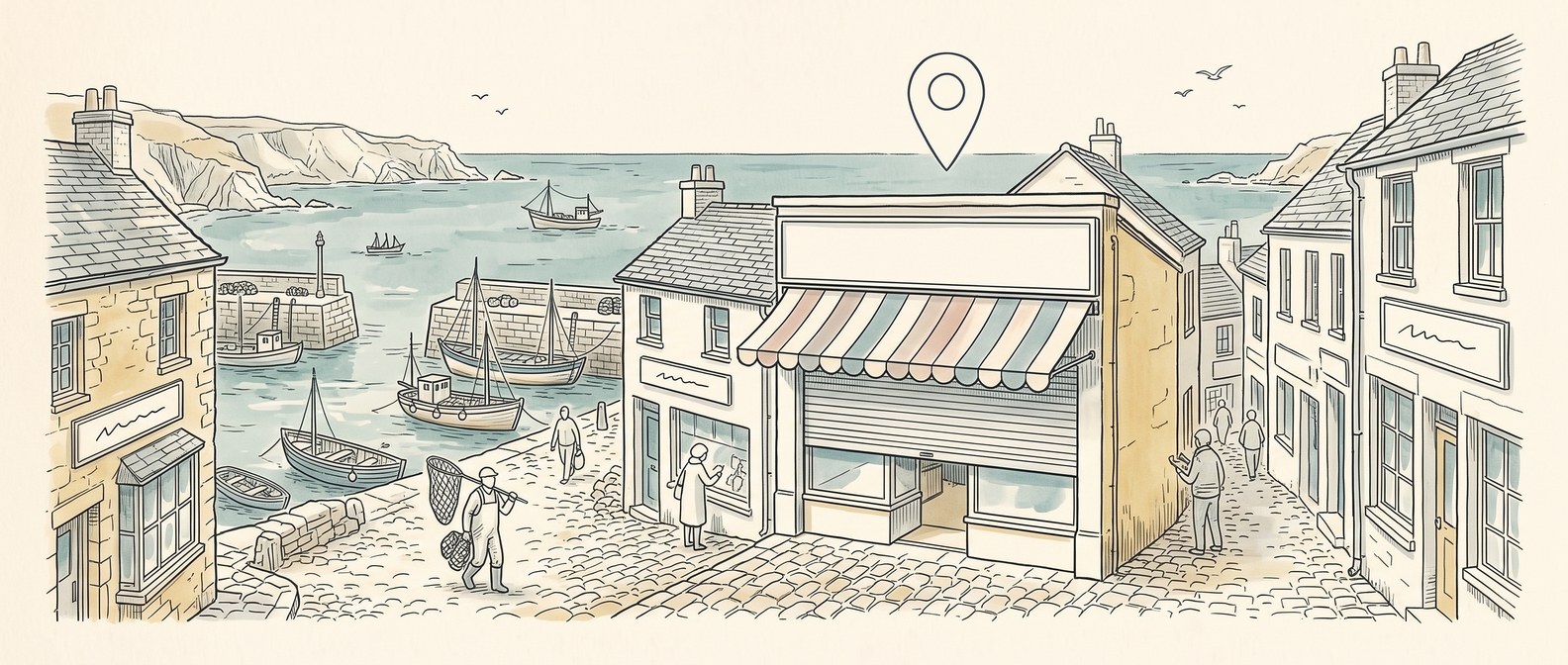 Pen and ink illustration of a Cornish harbour-street shop with its shutter half down and a small map pin above it
