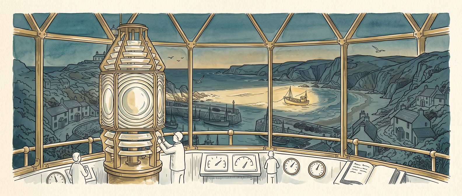 Pen and ink illustration of a lighthouse beam sweeping across a Cornish harbour at dusk