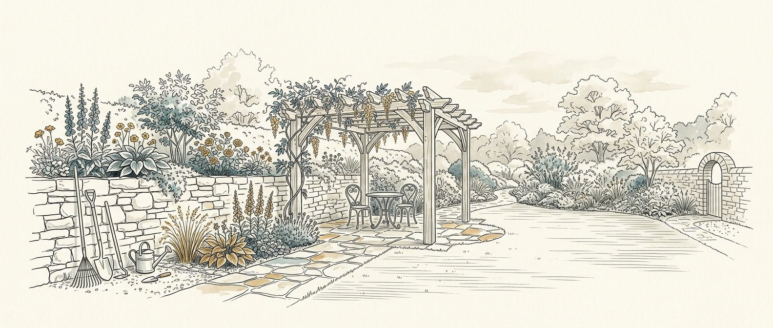 Bespoke line art of landscaped garden with stone patio and pergola