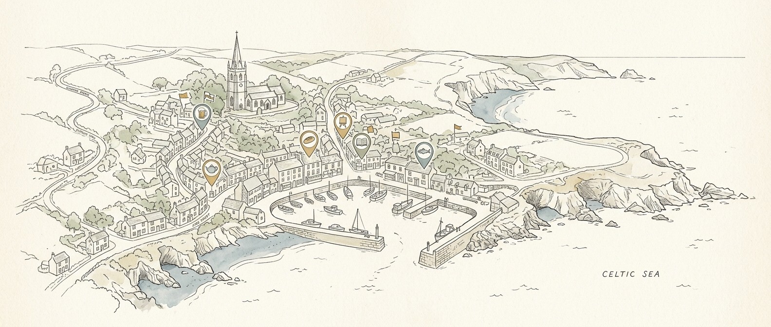 Bespoke line art of a Cornwall town map with local businesses marked, representing local marketing strategy