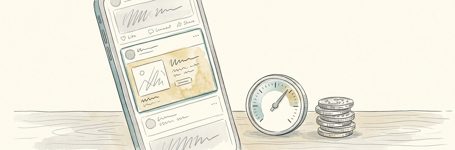 Bespoke pen-and-ink line art of a phone showing a social feed with an advert and a small budget dial, representing the cost of Meta ads