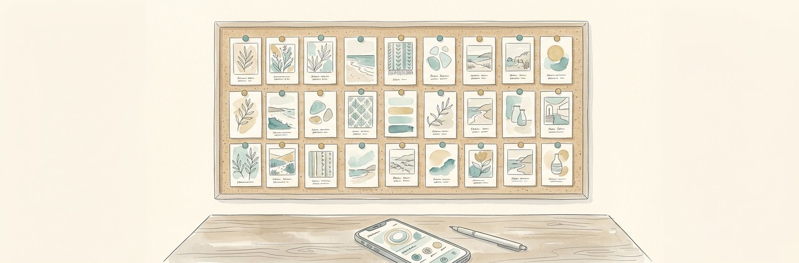 Bespoke pen-and-ink line art of a mood board with pinned image cards and a phone, representing Pinterest marketing