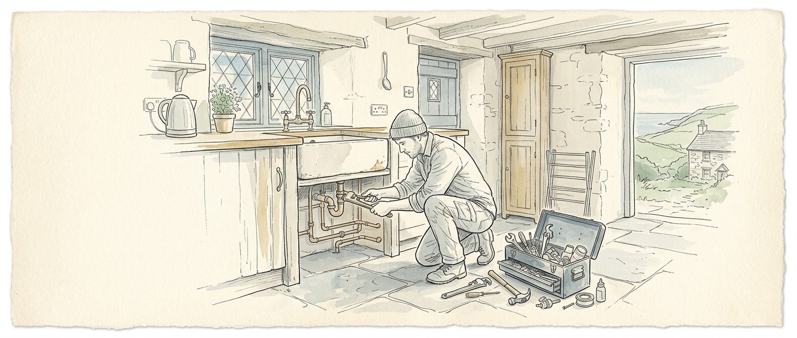 Bespoke line art of a plumber working on pipes with a phone showing local search results