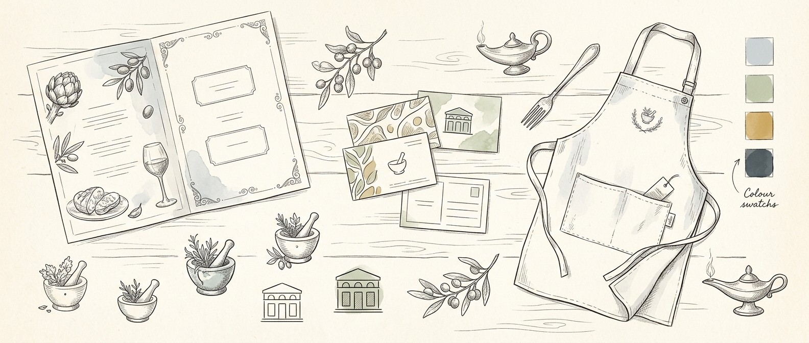 Restaurant branding elements including menu and signage