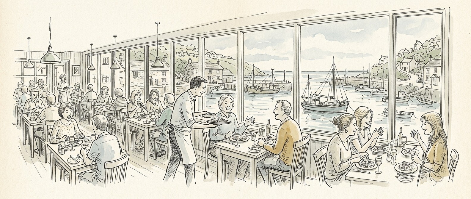 Busy restaurant with happy diners enjoying meals