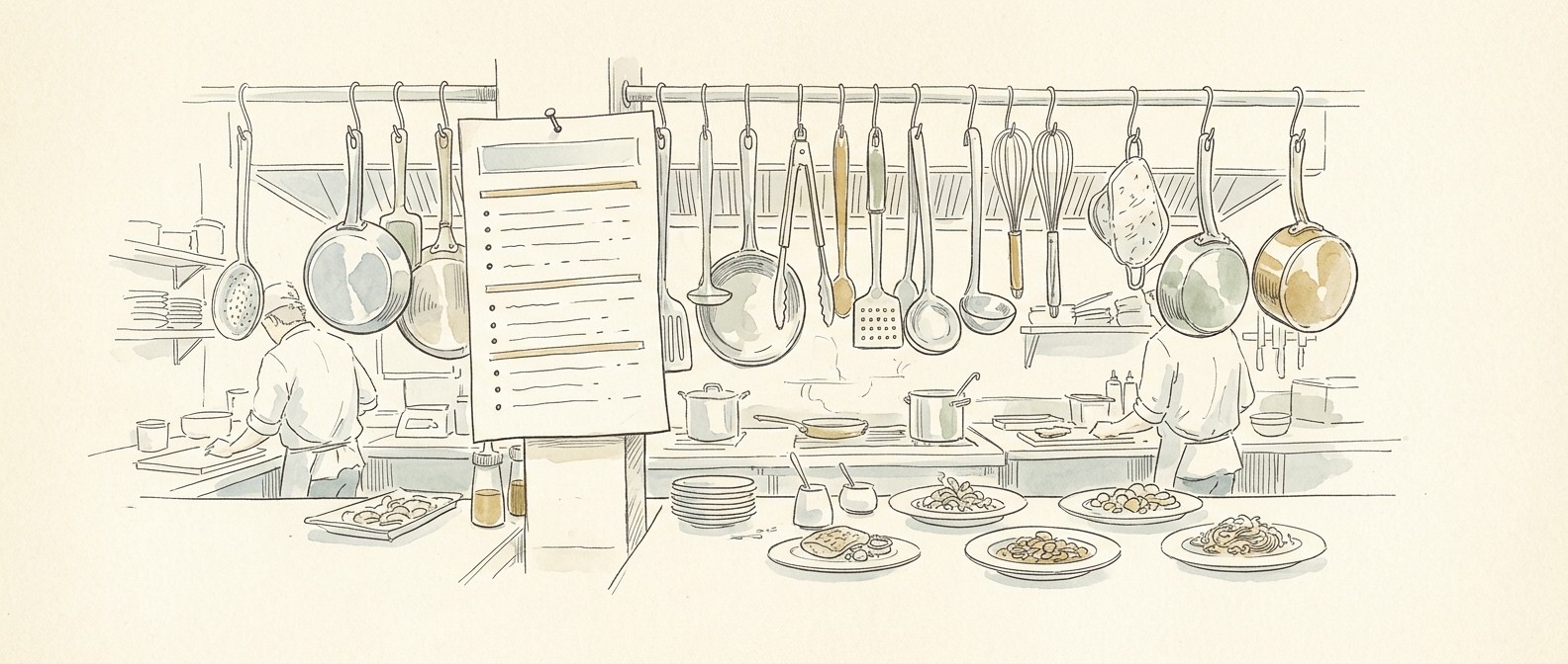 Chef plating food in professional restaurant kitchen