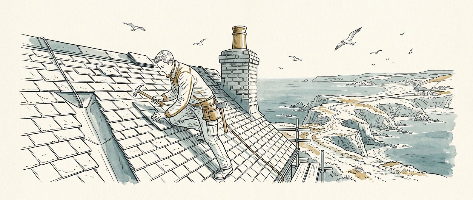 Bespoke line art of roofer working on slate roof with Cornwall coast in background