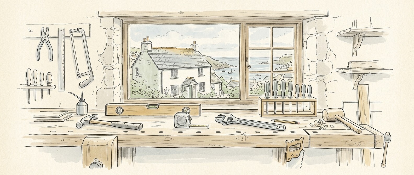 Bespoke line art of an electrician's tools and a phone showing local search results