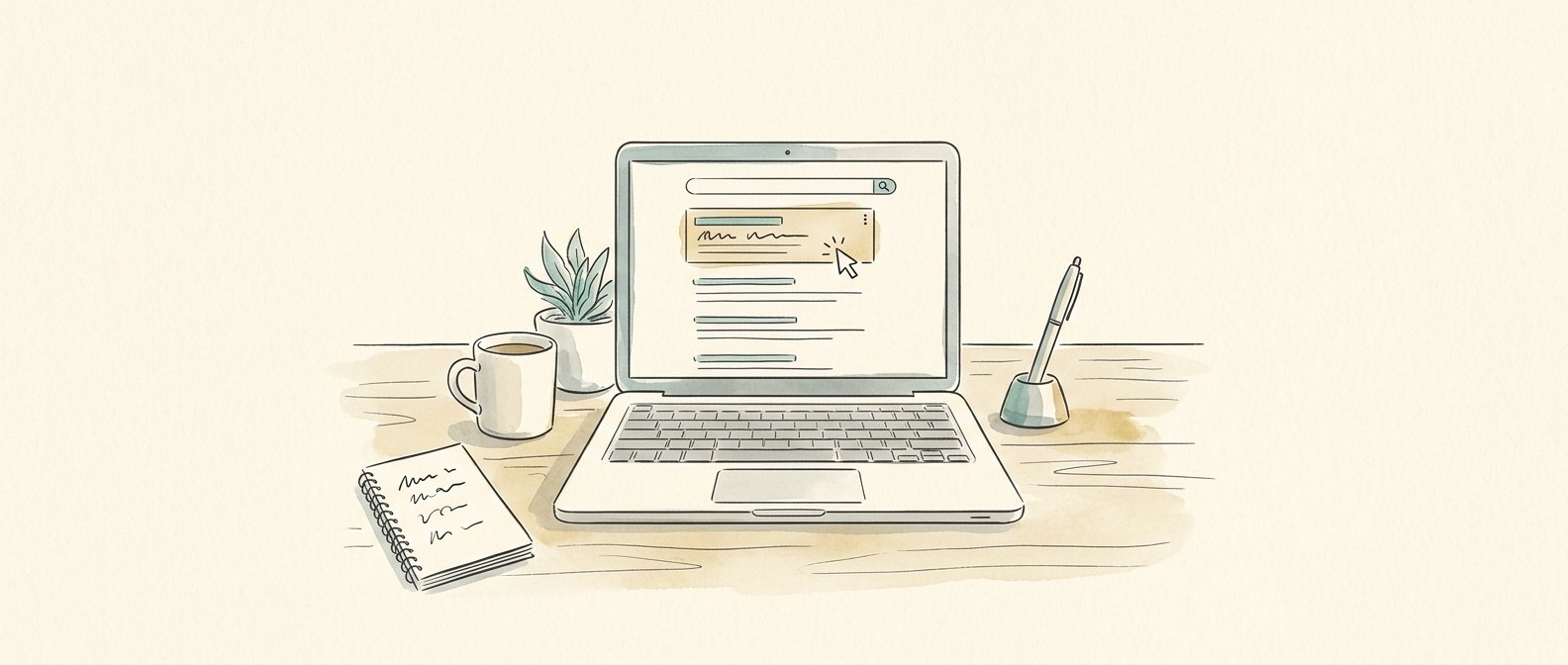 Bespoke pen-and-ink line art of a laptop showing a search results page with the top advert being clicked, representing pay-per-click advertising