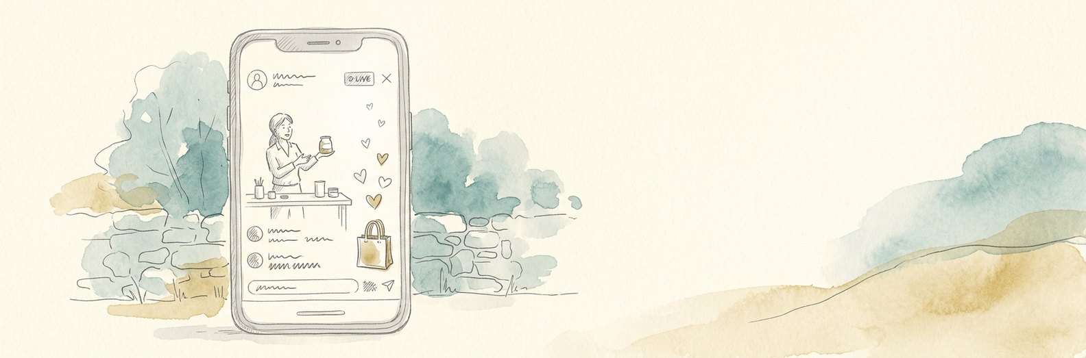 Bespoke pen-and-ink line art of a phone showing a live shopping stream with a product and a shopping bag, representing TikTok Shop