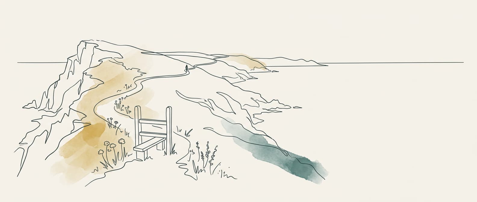 Bespoke line art of a Cornwall coastal path with stile and wildflowers