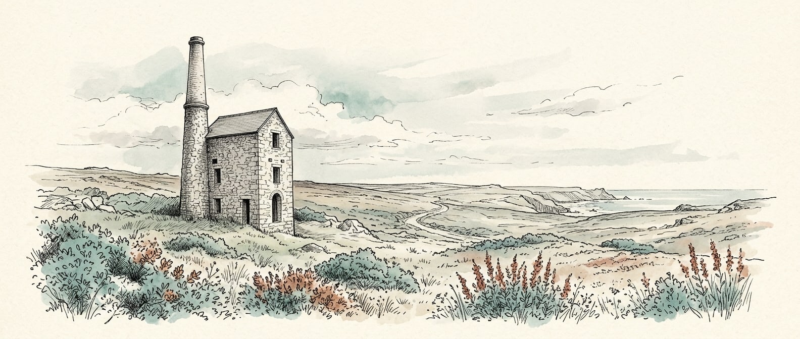 Pen and ink illustration of a Cornish tin-mine engine house on open moorland