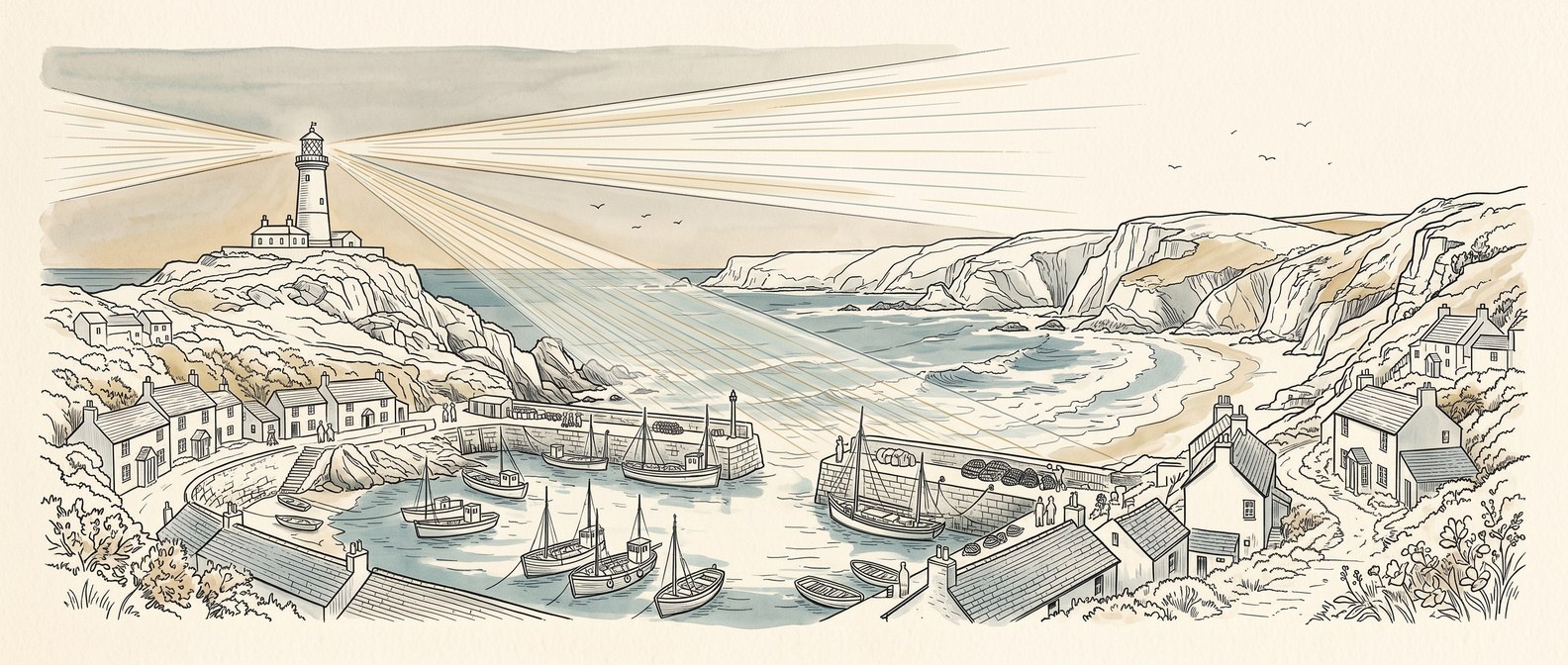Bespoke line art illustration of a coastline and lighthouse beam containing circuit board lines representing AI search