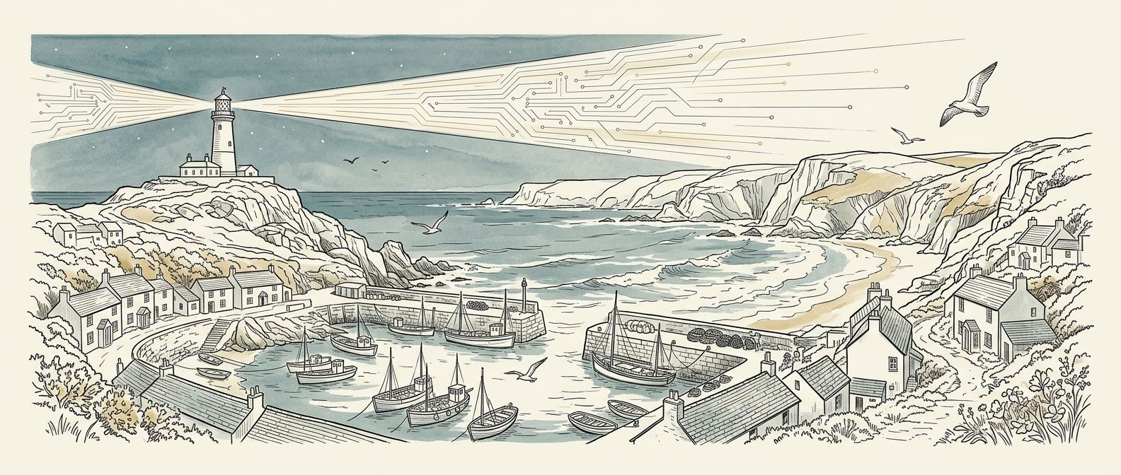 Bespoke line art illustration of Cornwall coast with lighthouse beam containing circuit board lines representing AI search