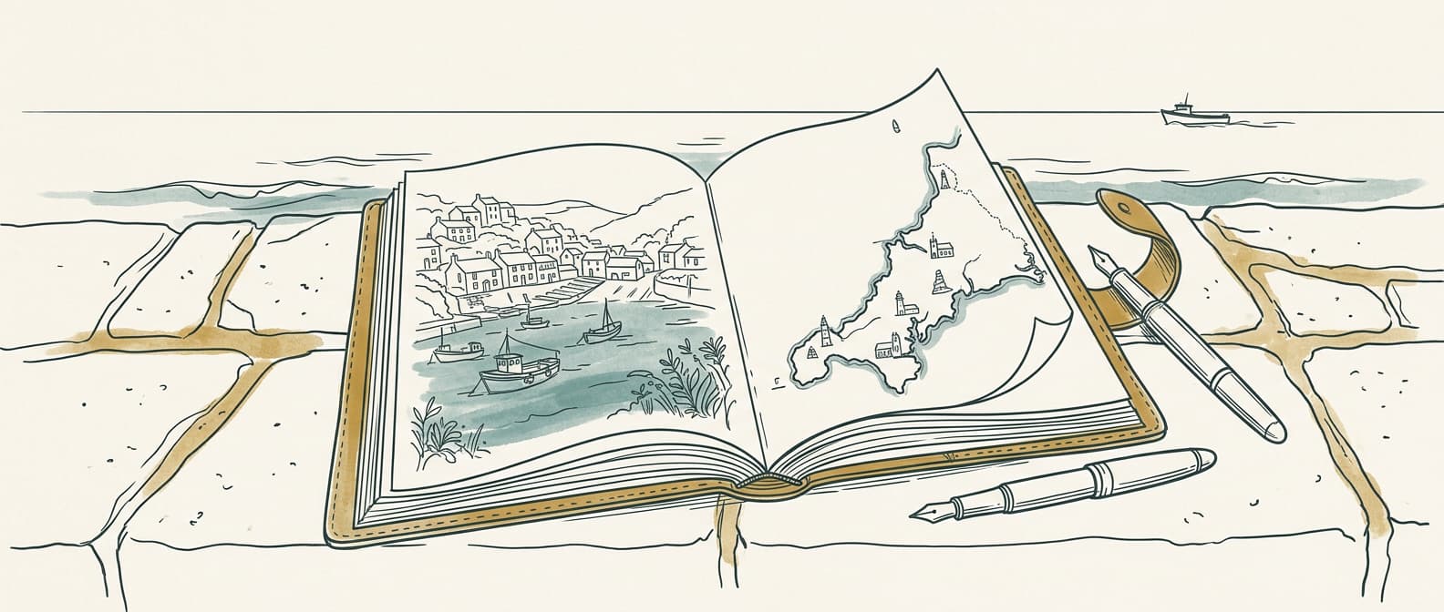 Bespoke line art of an open journal on a Cornwall harbour wall with fountain pen and coastline sketches