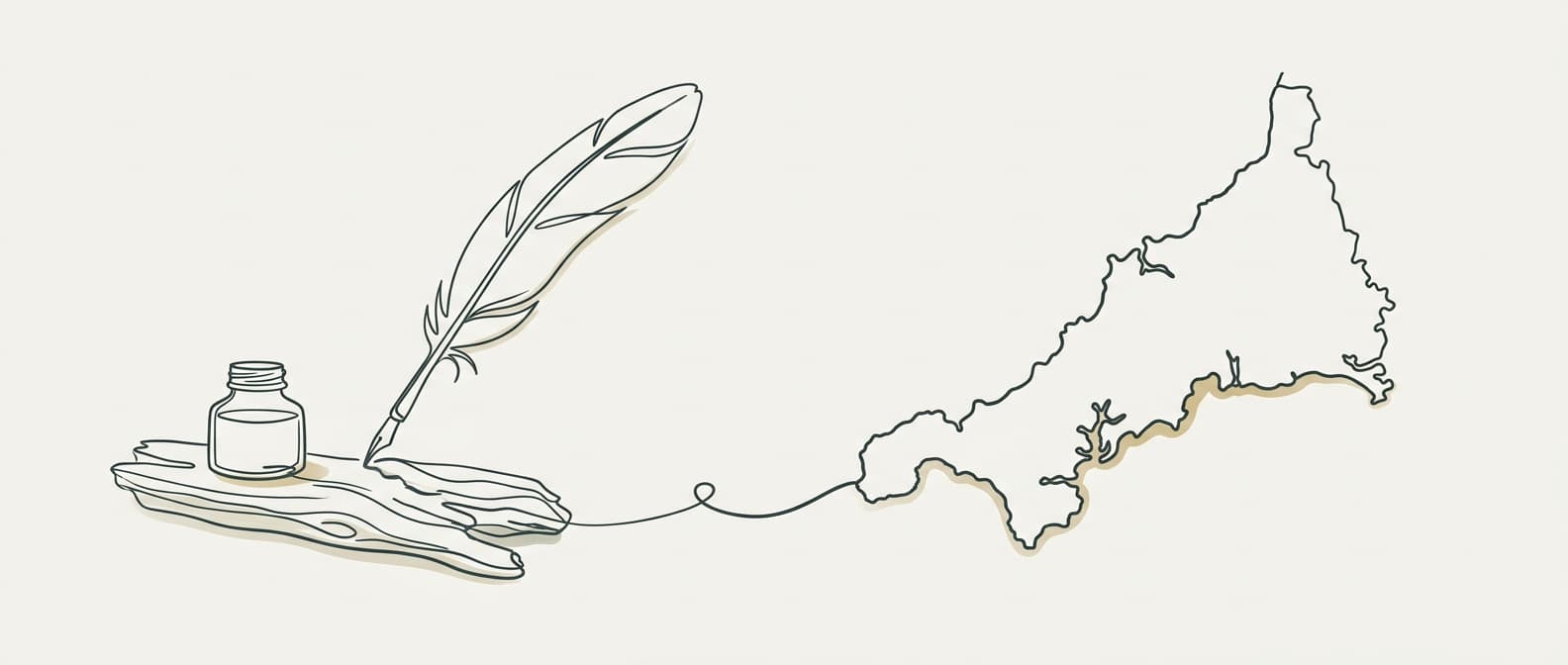 Bespoke line art of a quill pen drawing the Cornwall coastline in ink - representing blog writing and content creation