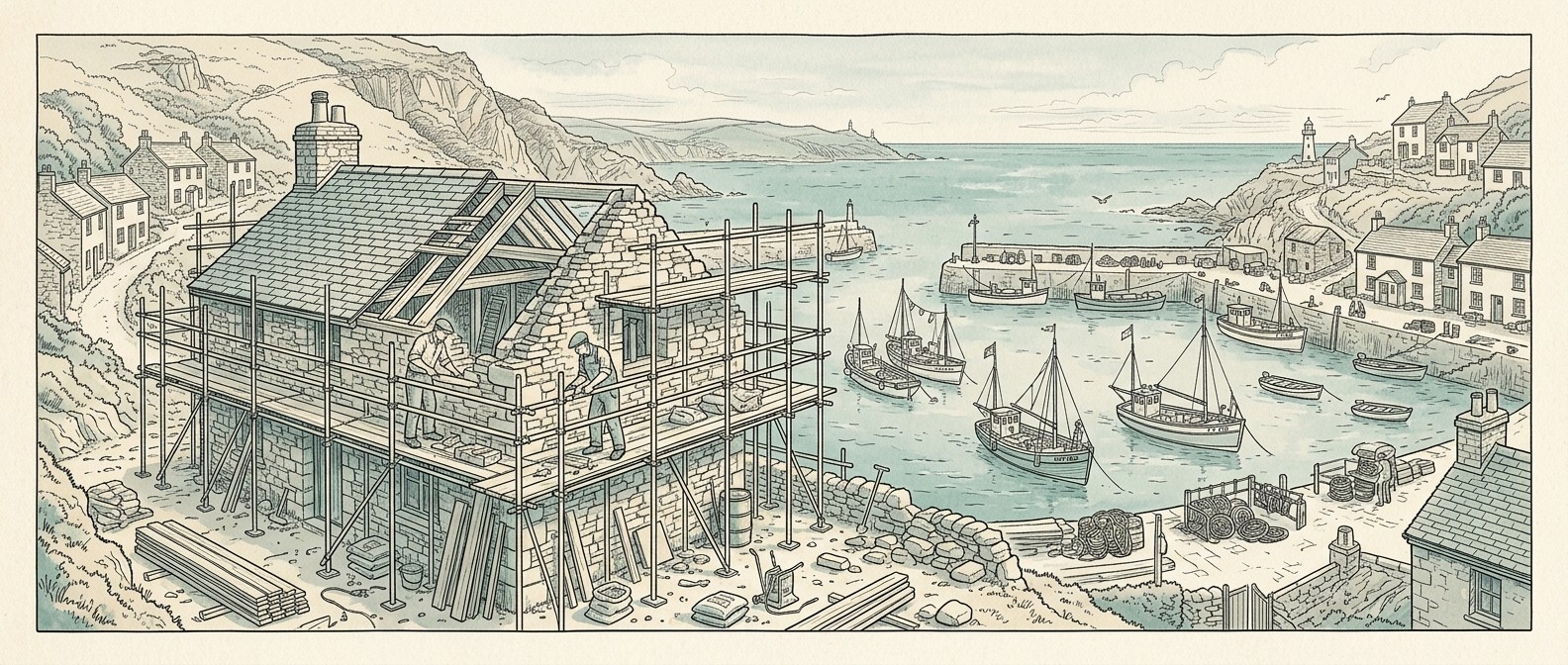 Website design for construction companies - Cornish harbour with building under construction