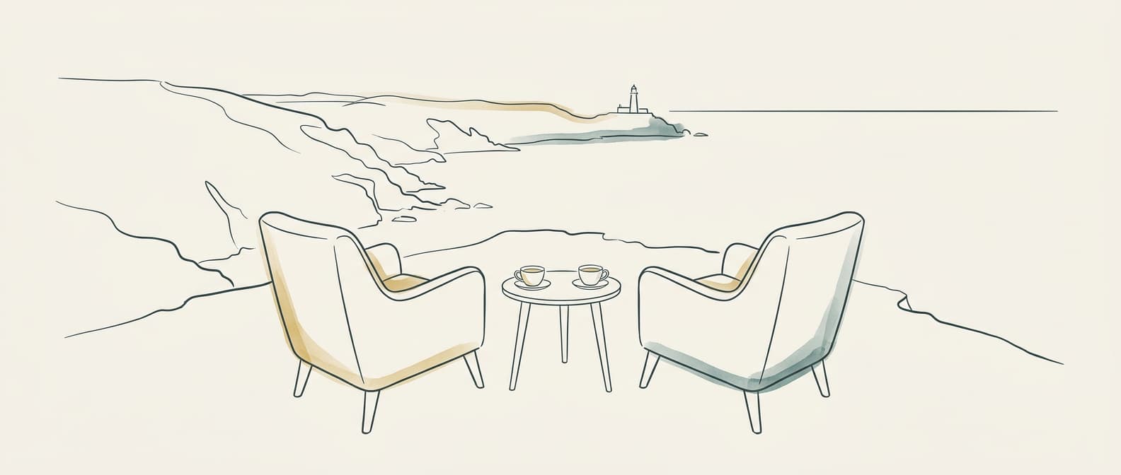 Bespoke line art of two chairs facing the Cornwall coast with tea - an invitation to conversation