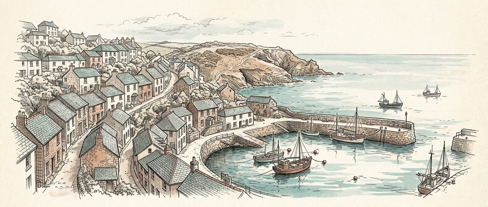 Pen and ink illustration of a Cornish harbour town, its cottages and fishing boats